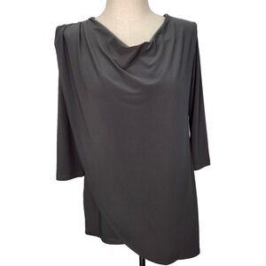 Clara Sun Woo Drape Front Tunic‎ Blouse M Gray Slinky 3/4 Sleeve USA Made